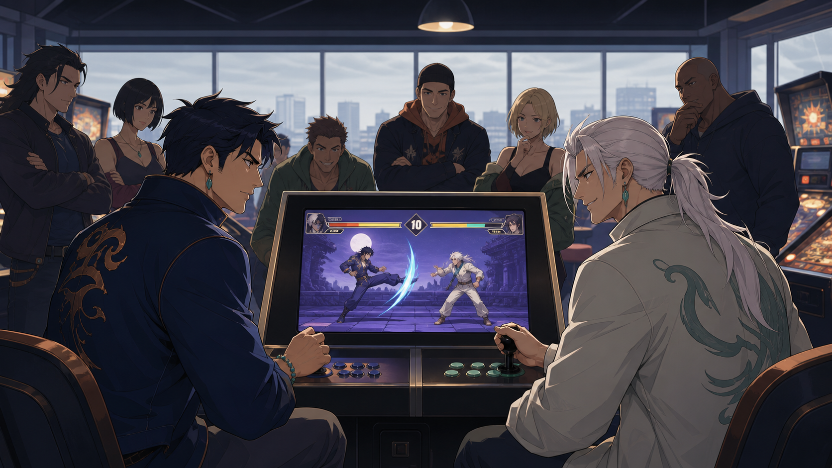 Two rival arcade champions meeting for a friendly rematch after many years, as one surprising move changes everyone's expectations. Wide community-room scene with several games and one primary group. Moonlit indigo, oxid