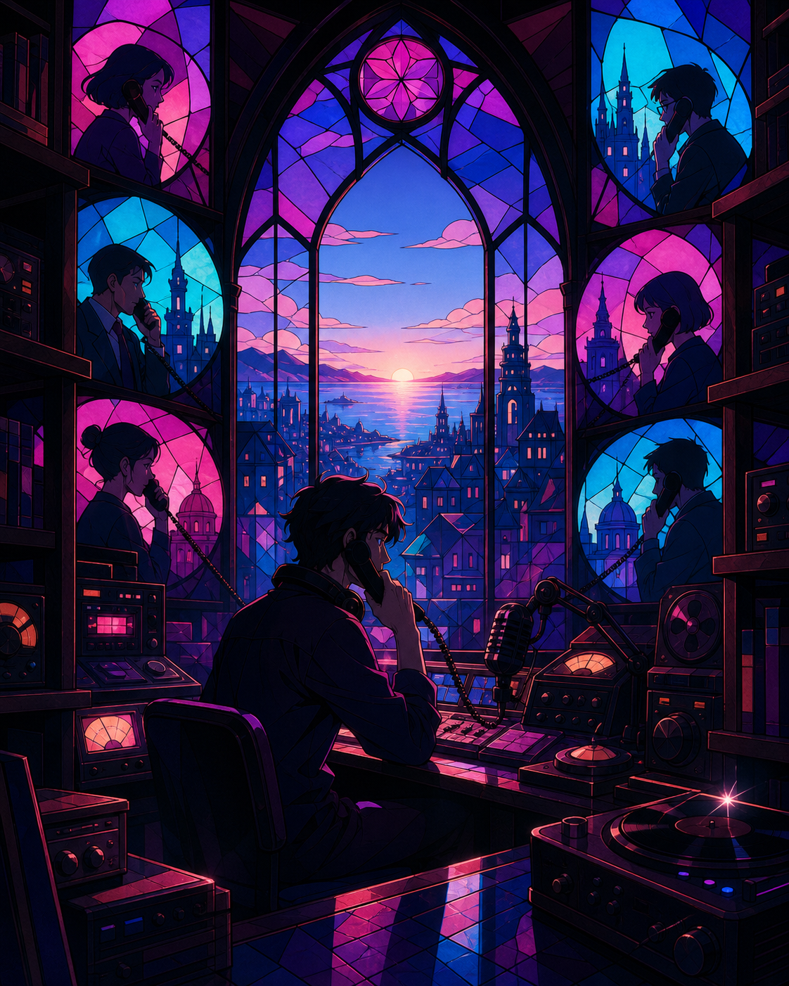A late-night radio host receiving calls from listeners in alternate cities, during a quiet shift filled with tactile analog equipment. Cinematic view through shelves toward a surprising opening in the back. Saturated mag