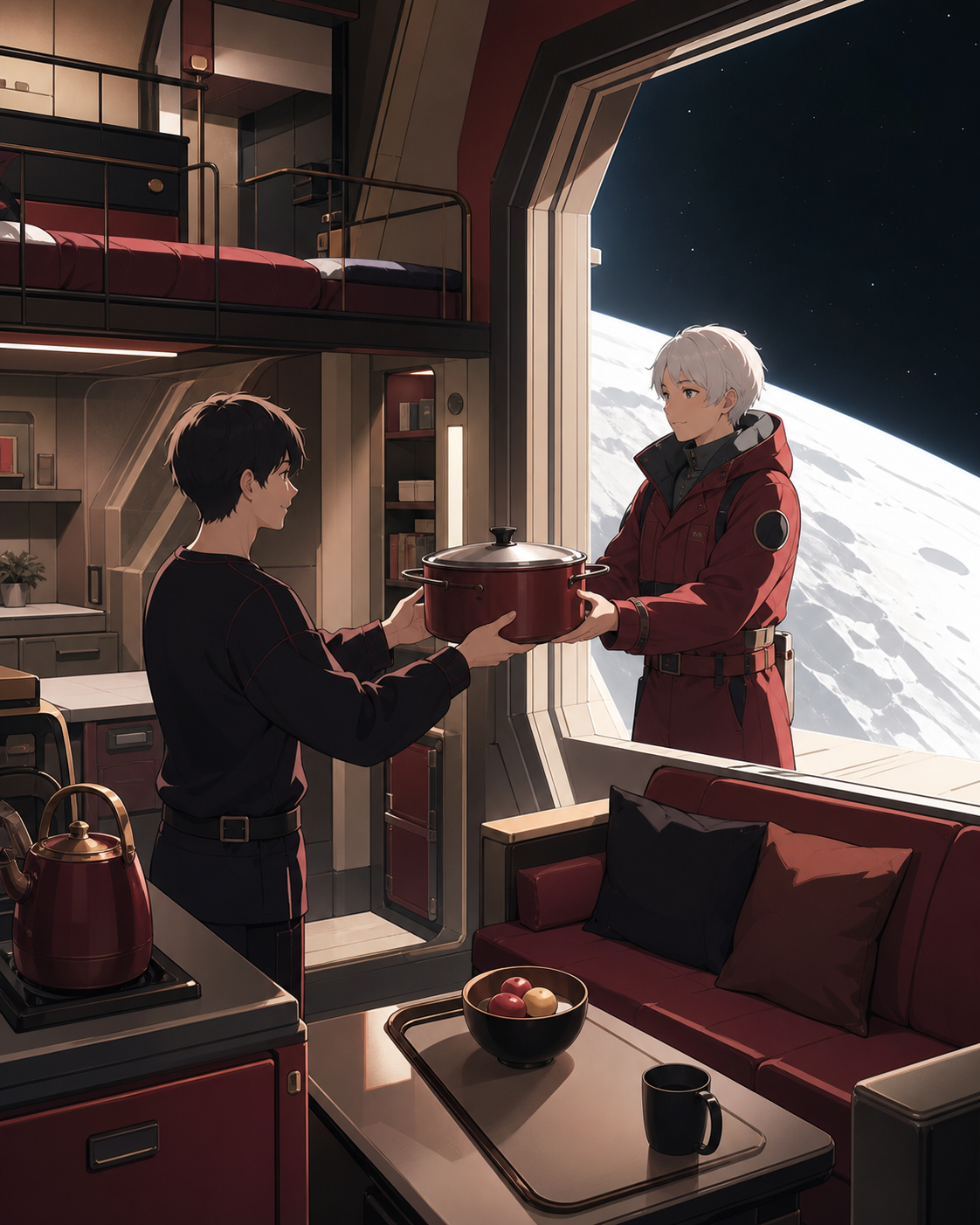 A spacecraft neighbor returning a borrowed cooking pot during artificial night, while distant space remains a quiet backdrop rather than the main event. Cozy interior-wide frame with space visible through one large openi