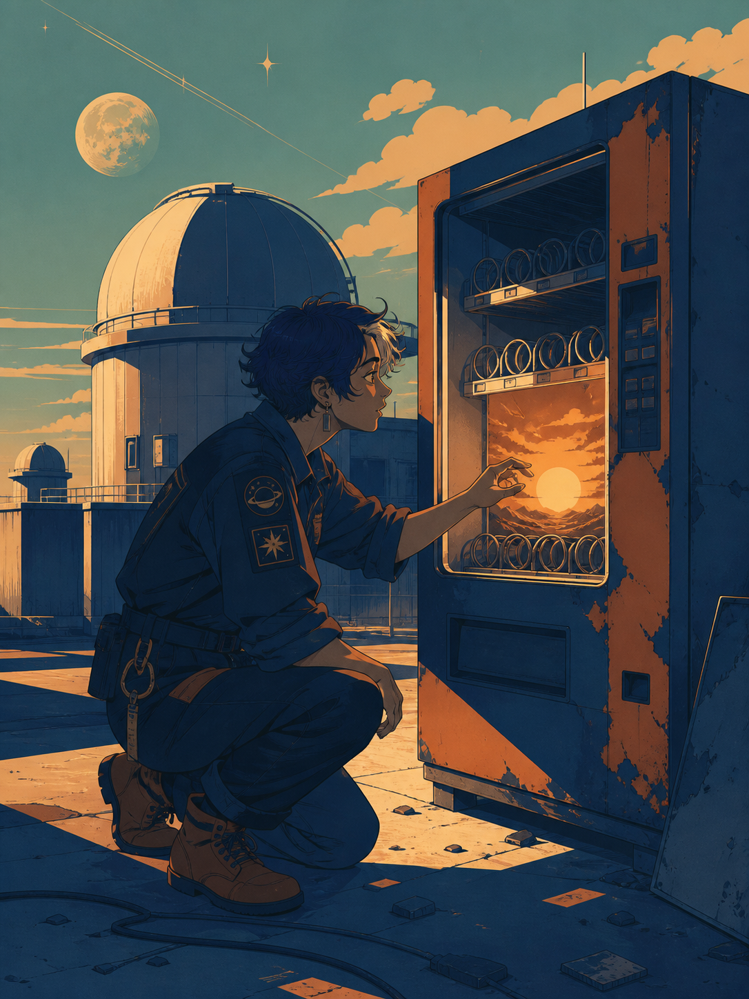 An adult nonbinary astronomer with a patched observatory uniform, discovering a tiny sunrise glowing inside an abandoned vending machine. Cinematic medium-wide frame with the environment carrying half the story. Moonlit 