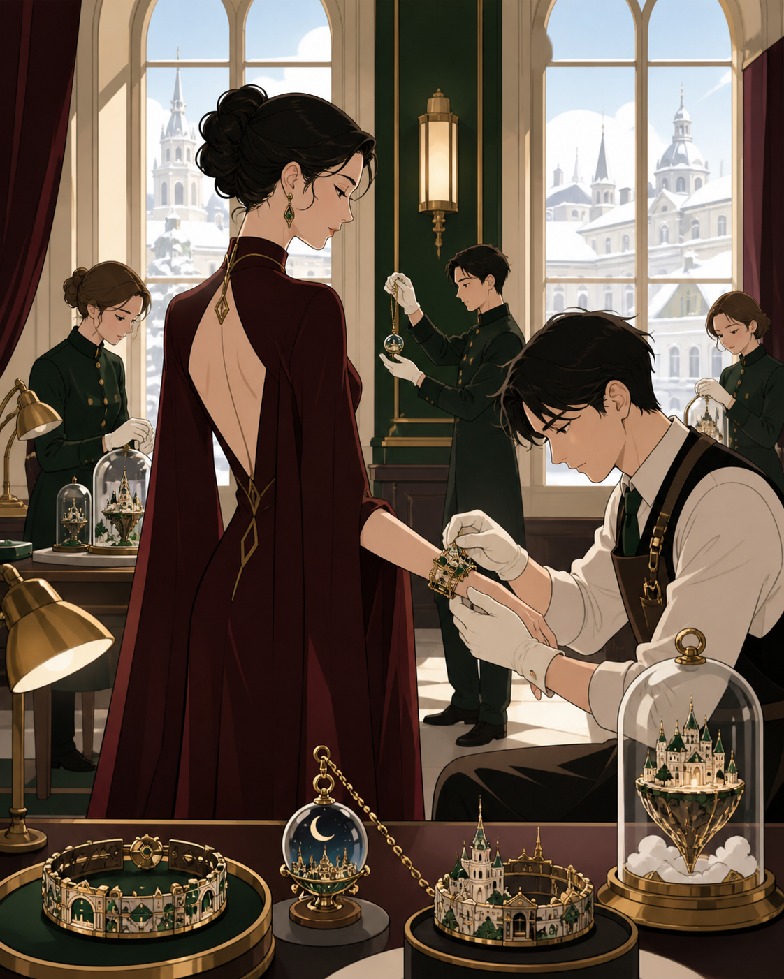 A jeweler arranging wearable miniature worlds for a private viewing, during the focused preparation before a major reveal. Backstage ensemble scene organized around the central fitting. Burgundy, midnight green, bone whi