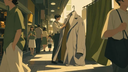 A tailor fitting an impossible coat in a crowded underground arcade, during a humid summer evening alive with ordinary neighborhood activity. Observational street-level frame with 