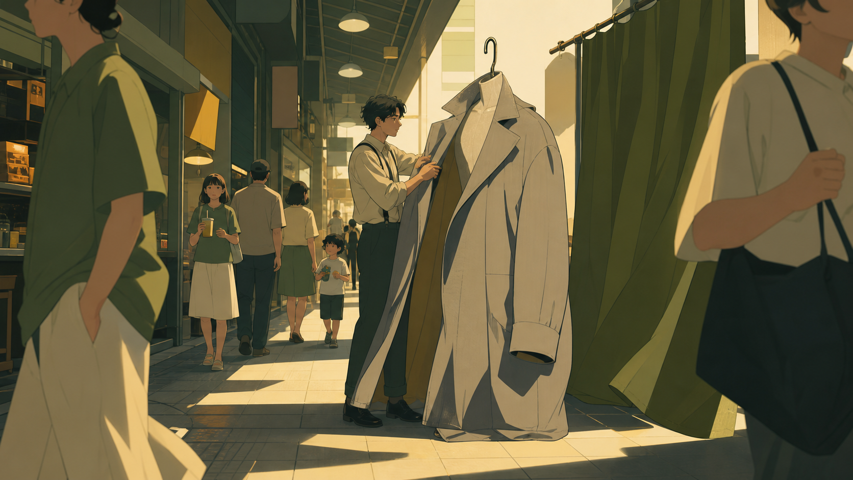 A tailor fitting an impossible coat in a crowded underground arcade, during a humid summer evening alive with ordinary neighborhood activity. Observational street-level frame with foreground movement and a clear focal st
