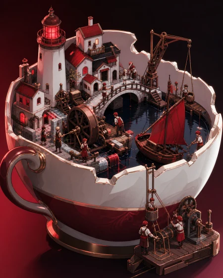 A harbor town thriving inside a chipped porcelain teacup, as inhabitants solve an everyday problem using ingenious small machinery. Isometric-like miniature vista with multiple rea