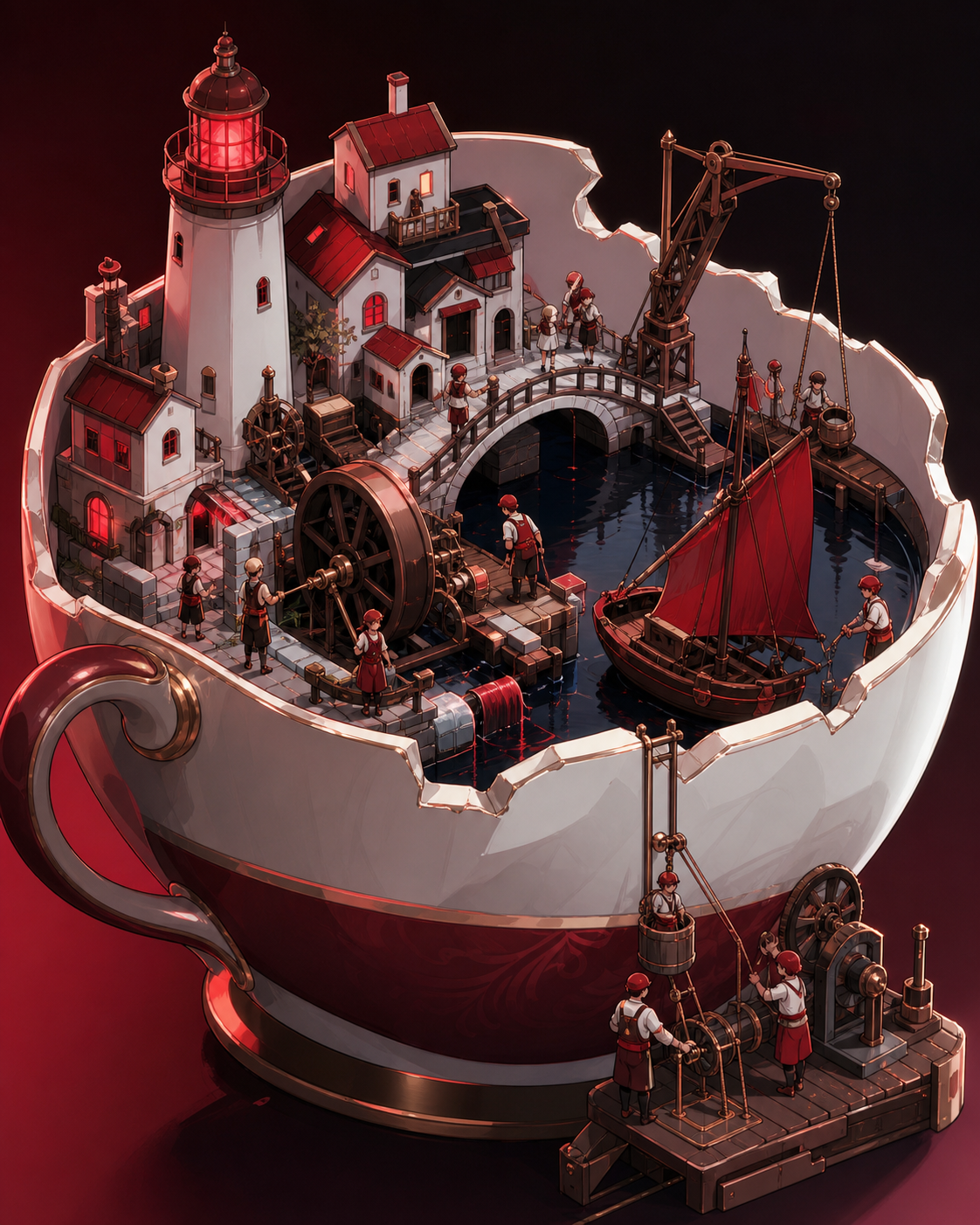 A harbor town thriving inside a chipped porcelain teacup, as inhabitants solve an everyday problem using ingenious small machinery. Isometric-like miniature vista with multiple readable zones of activity. Crimson, black 
