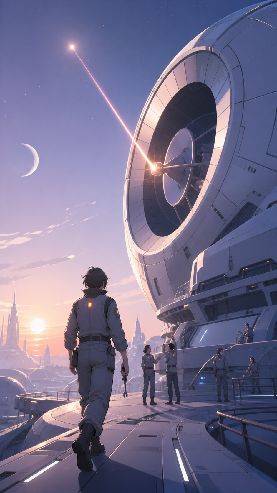 An adult engineer walking across the exterior of a city-sized telescope, as an unfamiliar signal provides one precise destination. Wide landing tableau with crew, vessel, and discovery in distinct layers. Pale lavender, 