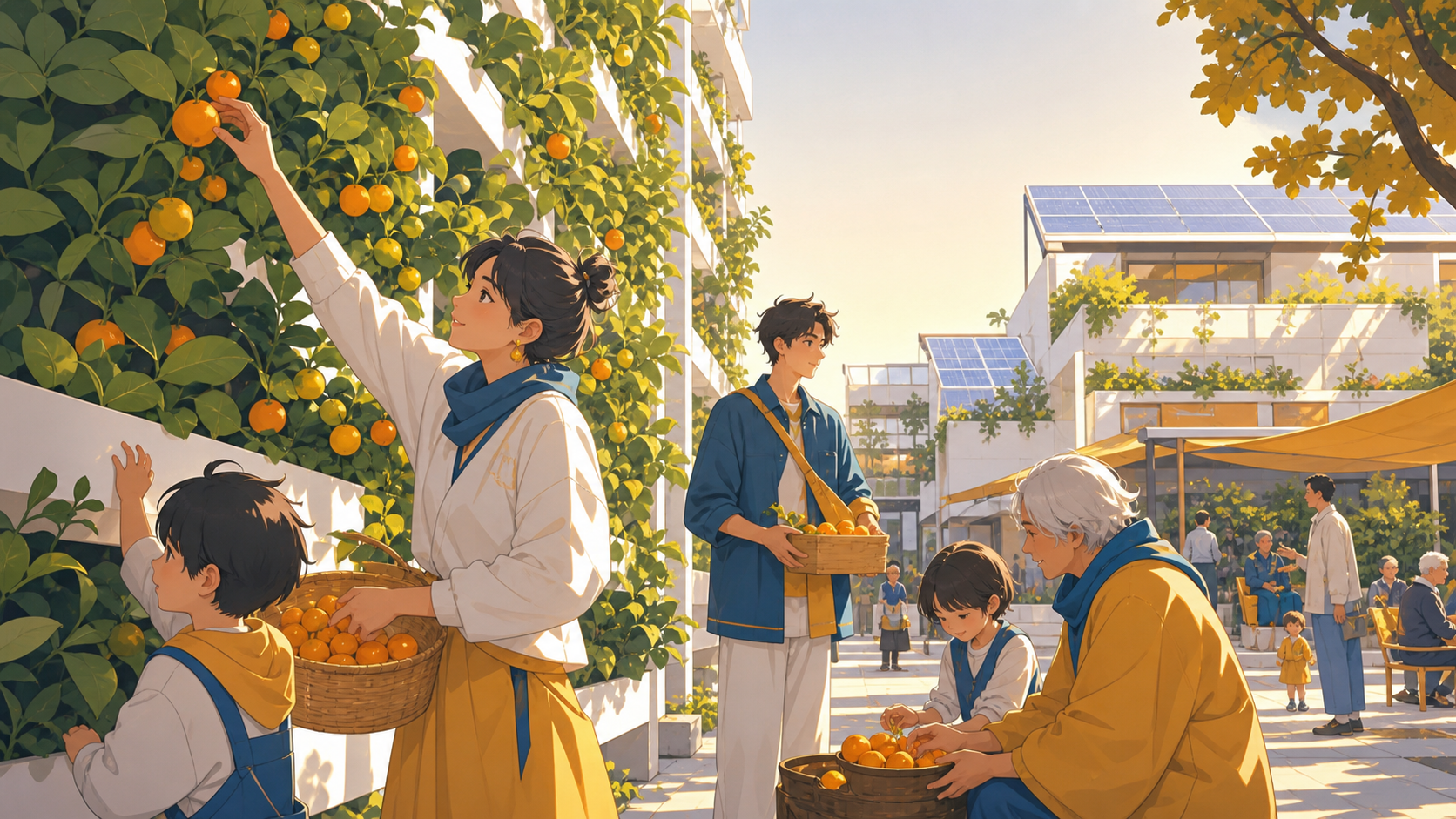 Neighbors harvesting fruit from a vertical apartment orchard, on a bright weekend when public spaces are shared across generations. Wide courtyard ensemble organized around one shared activity. Saffron, peacock blue, dar