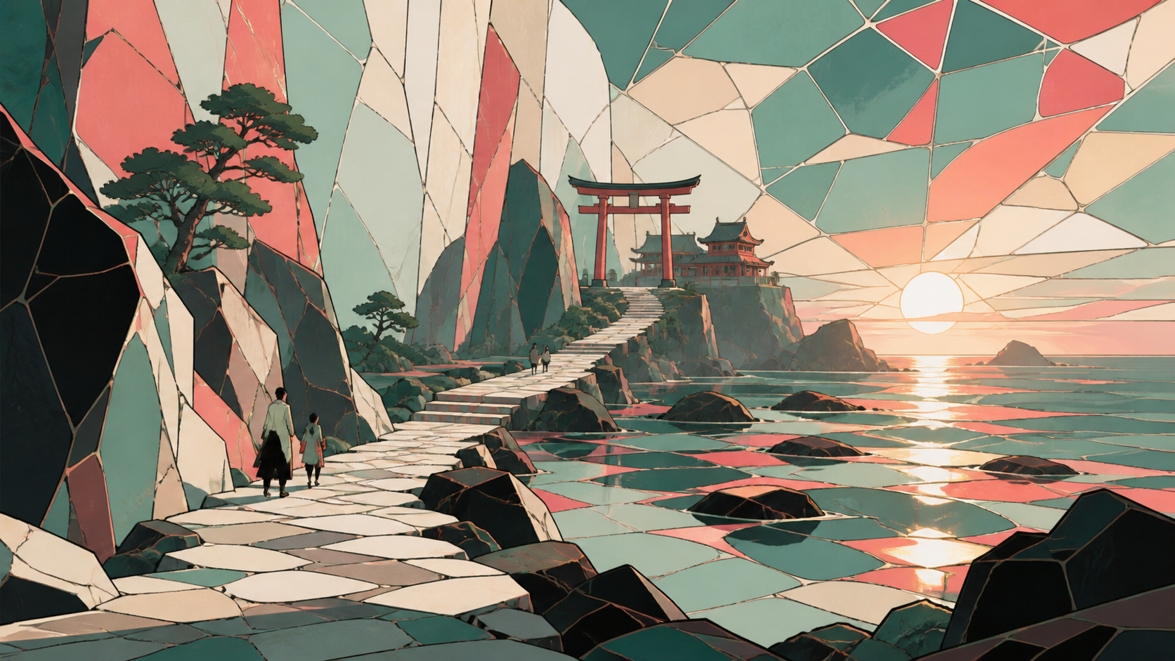 A coastal shrine path uncovered only during the lowest winter tide, with sparse human activity grounding an otherwise expansive landscape. Vertical scenic composition following a path through several elevations. Celadon,