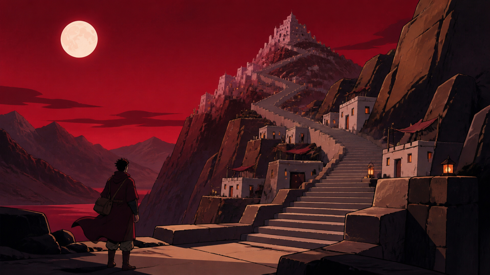 A valley crossed by an endless staircase whose landings contain tiny homes, treated as inhabitable geography rather than a symbolic poster. Ground-level traveler view making the landmark fill most of the distance. Crimso