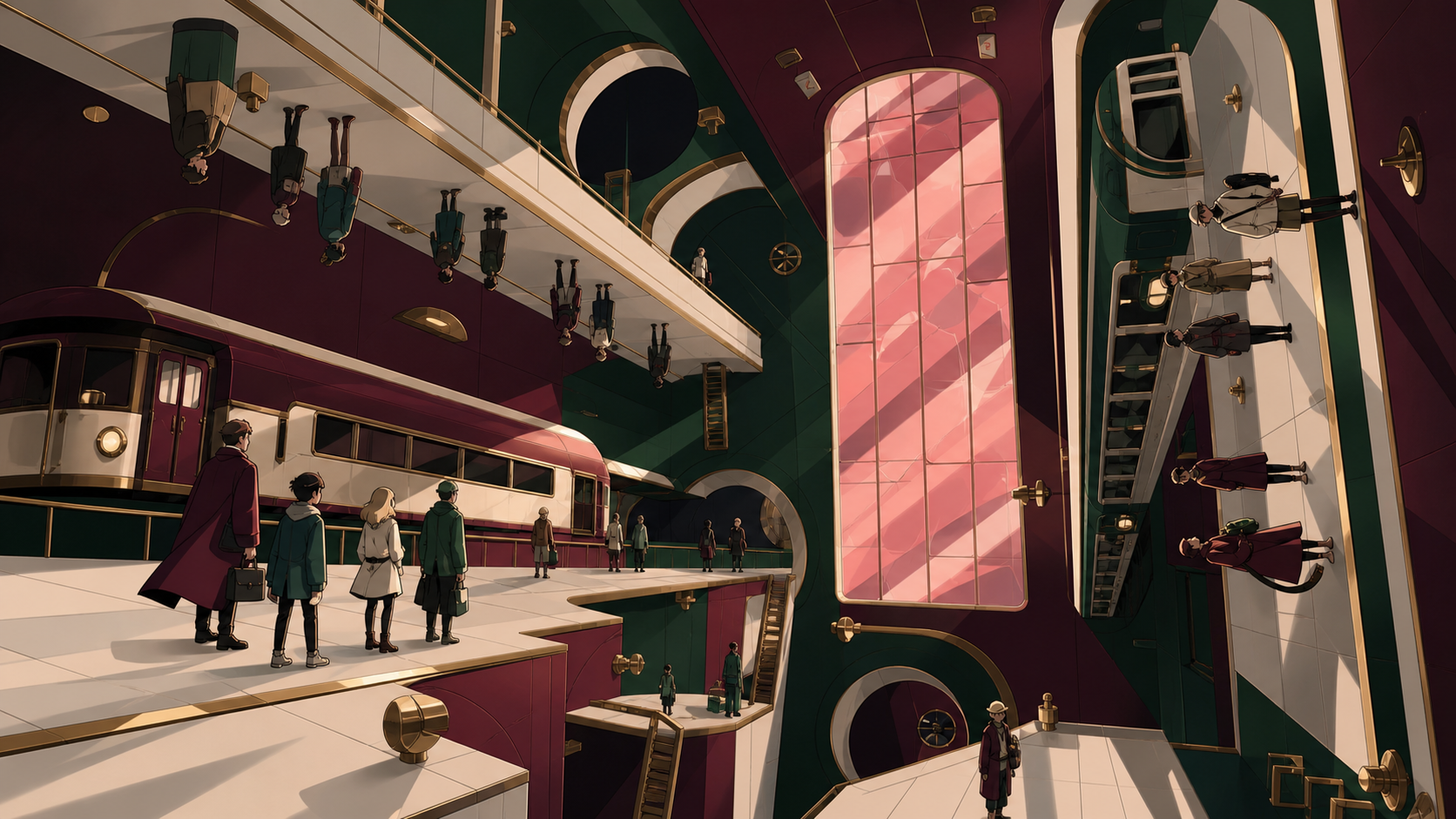 Commuters waiting on platforms arranged across opposing gravity fields, with the spatial paradox presented cleanly and immediately readable. Wide axonometric-like scene with multiple readable routes. Burgundy, midnight g