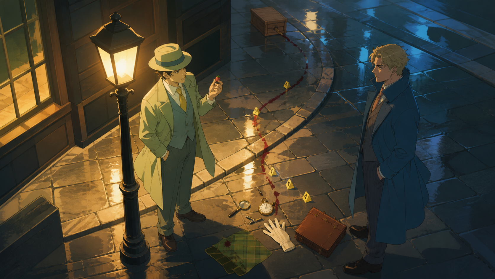 Two rival investigators meeting beneath the last working streetlamp, at the turning point where one overlooked object solves half the mystery. Graphic high-angle investigation tableau with clues forming a visual path. So
