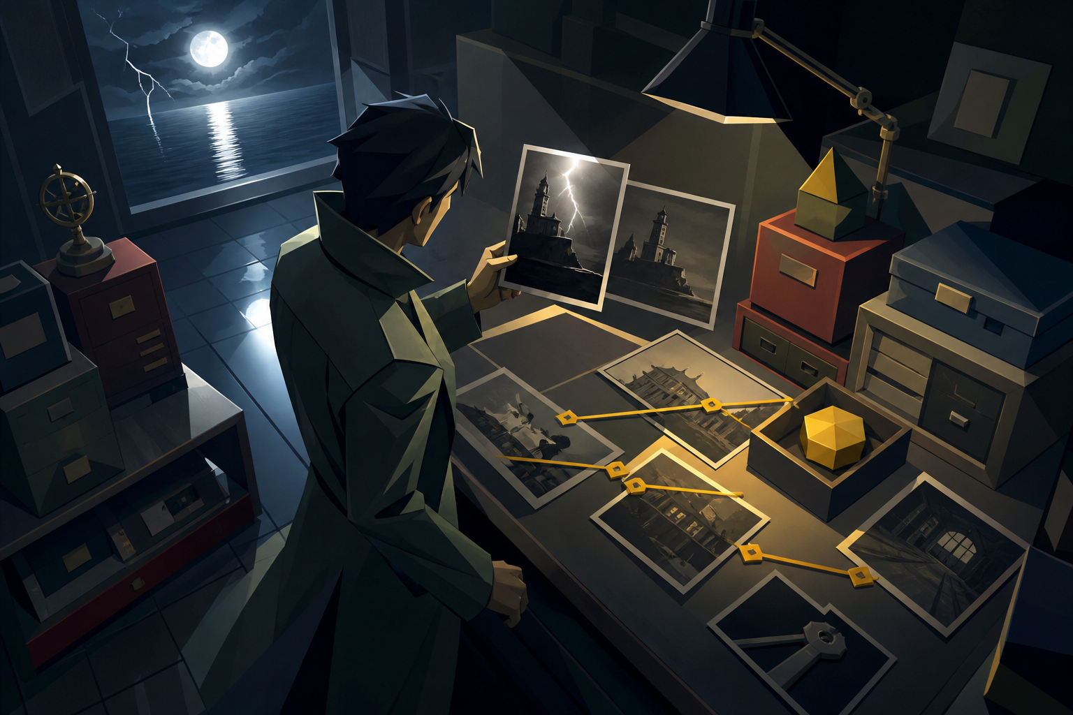 A private archivist examining a photograph that changes whenever lightning flashes, at the turning point where one overlooked object solves half the mystery. Graphic high-angle investigation tableau with clues forming a 