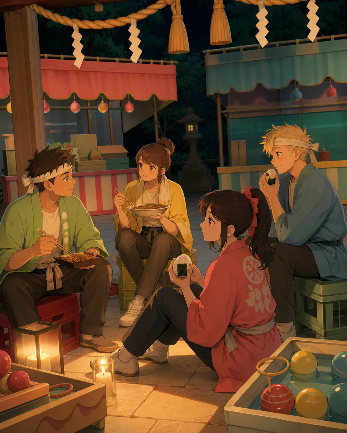 Food-stall workers sharing a quick meal before the busiest hour, in the calm hour after the final visitors have gone. Quiet post-festival composition centered on workers and leftover light. Soft pistachio, butter yellow,