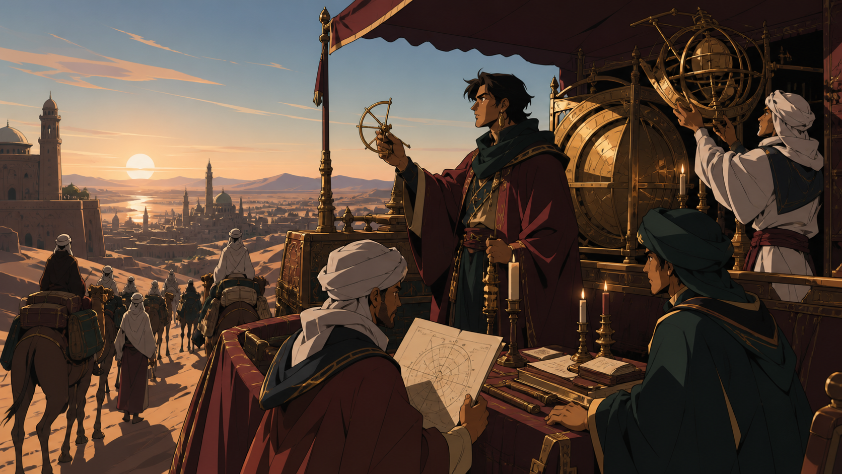 A desert caravan of scholars carrying a mobile brass observatory, at dawn after a discovery quietly changes their understanding of the world. Wide narrative composition with period architecture guiding the eye. Burgundy,