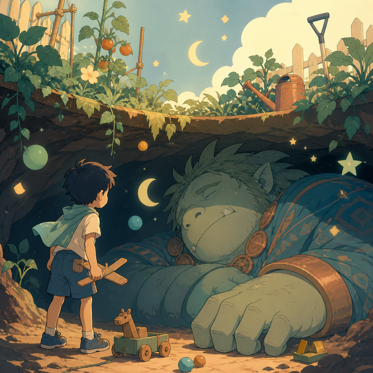 A boy finding a gentle giant asleep beneath the community garden, during a quiet afternoon when ordinary objects become extraordinary. Child-height viewpoint making the discovery feel monumental. Moonlit indigo, oxidized