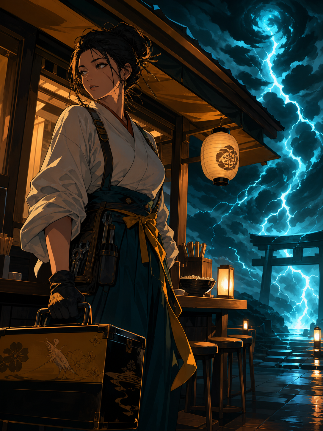 An adult woman shrine mechanic carrying a lacquered tool case, waiting at the last open noodle stand before a supernatural storm. Intimate three-quarter view with strong foreground and background layers. Saffron, peacock