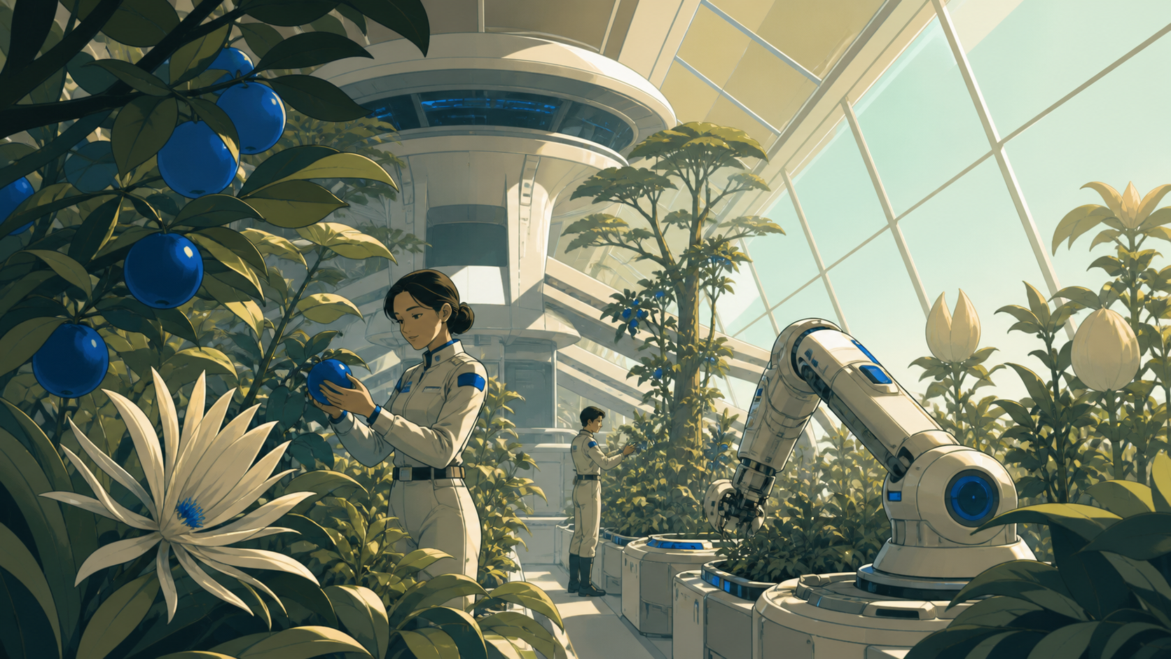 A greenhouse spacecraft tending the last orchard from Earth, at a peaceful moment of cooperation between technology and living systems. Lush environmental composition with technology discovered gradually among plants. So