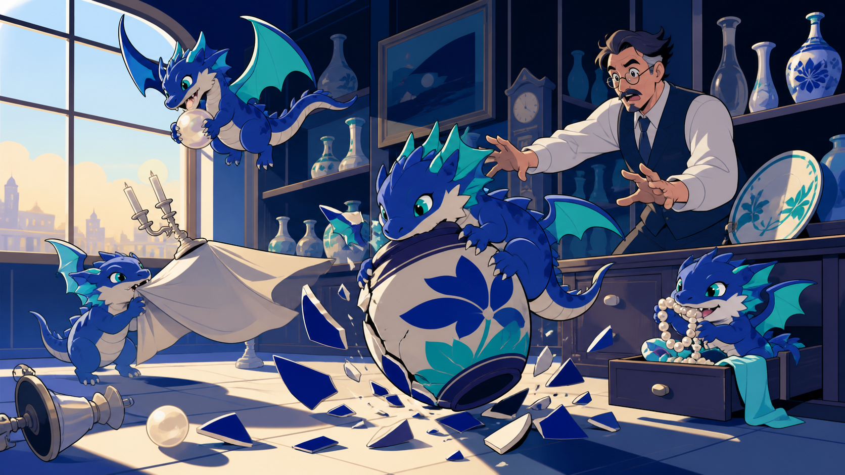 Newly hatched pocket dragons turning a quiet antique shop upside down, caught immediately before their elaborate plan obviously fails. Wide action frame centered on one beautifully timed harmless catastrophe. Ultramarine