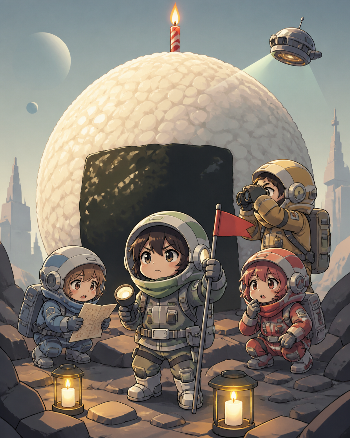 Miniature space explorers discovering a planet-sized rice ball, during a harmless crisis treated with complete dramatic seriousness. Centered ensemble pose interrupted by one moving object. Soft pistachio, butter yellow,