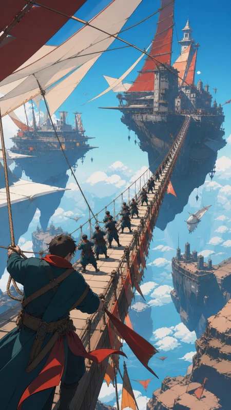 An impossibly long pedestrian bridge connecting two moving sky kingdoms, as changing winds force inhabitants into a practiced communal response. Sweeping aerial panorama with a str