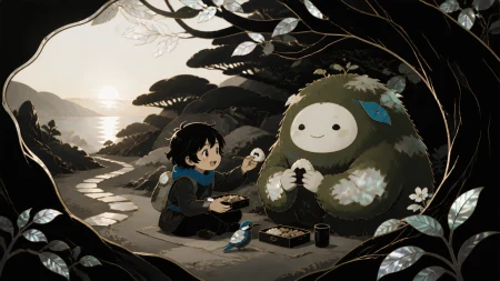 A child sharing lunch with a round moss guardian beside a path, after a misunderstanding turns into a new friendship. Cozy clearing scene enclosed by a few large natural shapes. So