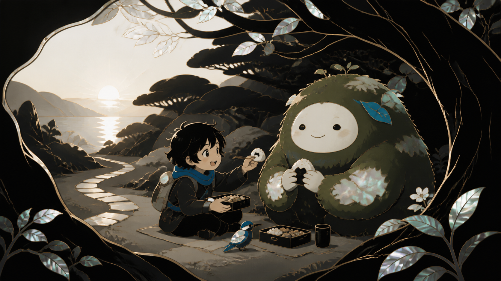 A child sharing lunch with a round moss guardian beside a path, after a misunderstanding turns into a new friendship. Cozy clearing scene enclosed by a few large natural shapes. Soft monochrome with a single saturated ki