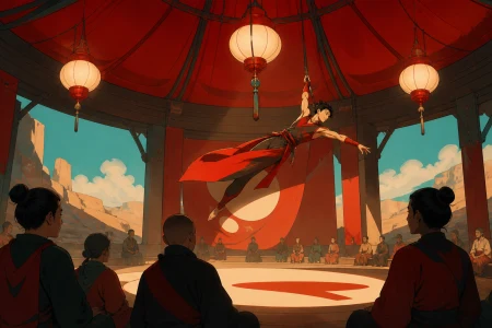 An acrobat performing above a quiet audience in a circular desert pavilion, as a simple movement transforms the space around the performers. Close audience-level frame with one dan