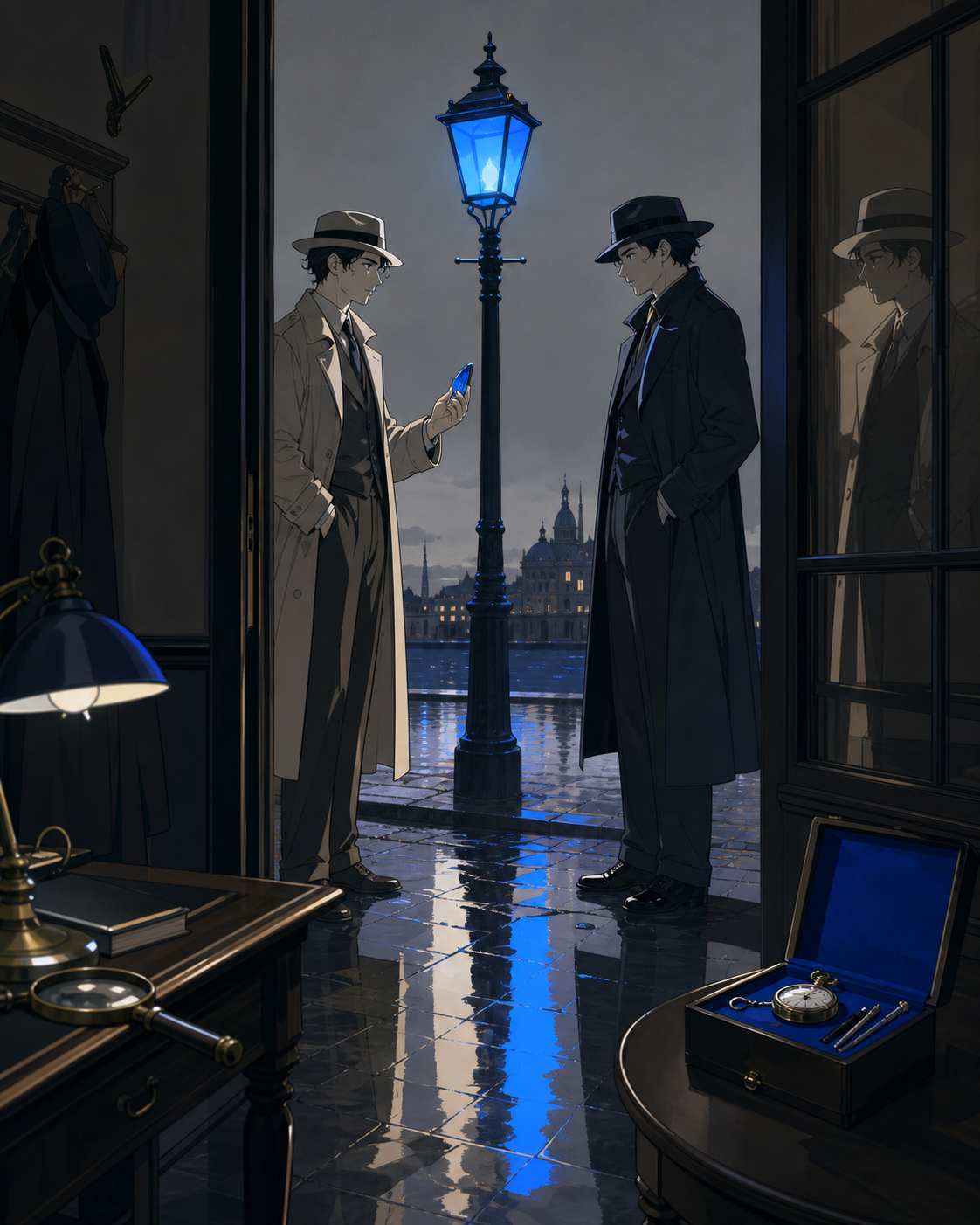 Two rival investigators meeting beneath the last working streetlamp, at the turning point where one overlooked object solves half the mystery. Cinematic noir frame using doorways and reflected figures to layer the myster