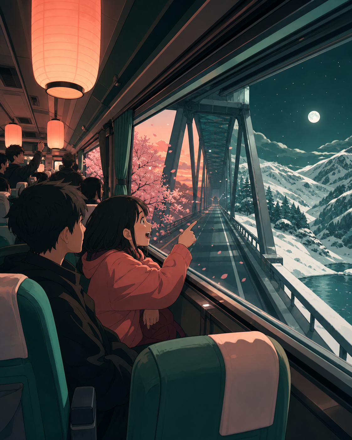 An overnight bus crossing a bridge that briefly passes through another season, shown as intimate public life rather than a vehicle showcase. Window-side two-person composition with the journey visible beyond. Celadon, co
