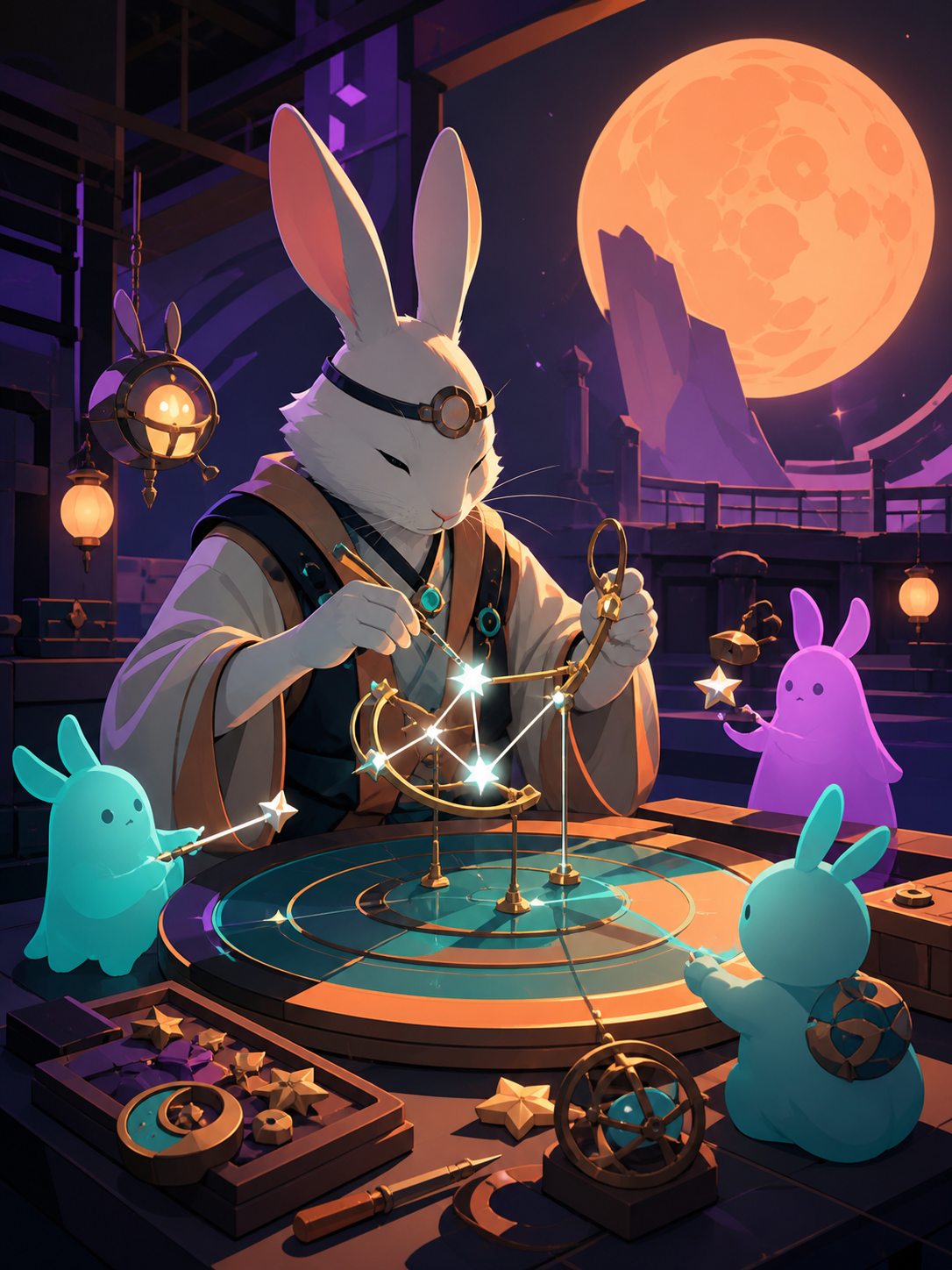 A moon rabbit operating a roadside repair shop for broken constellations, performing a small ritual whose meaning is revealed through objects. Balanced ensemble composition with one strong focal action. Apricot, orchid p