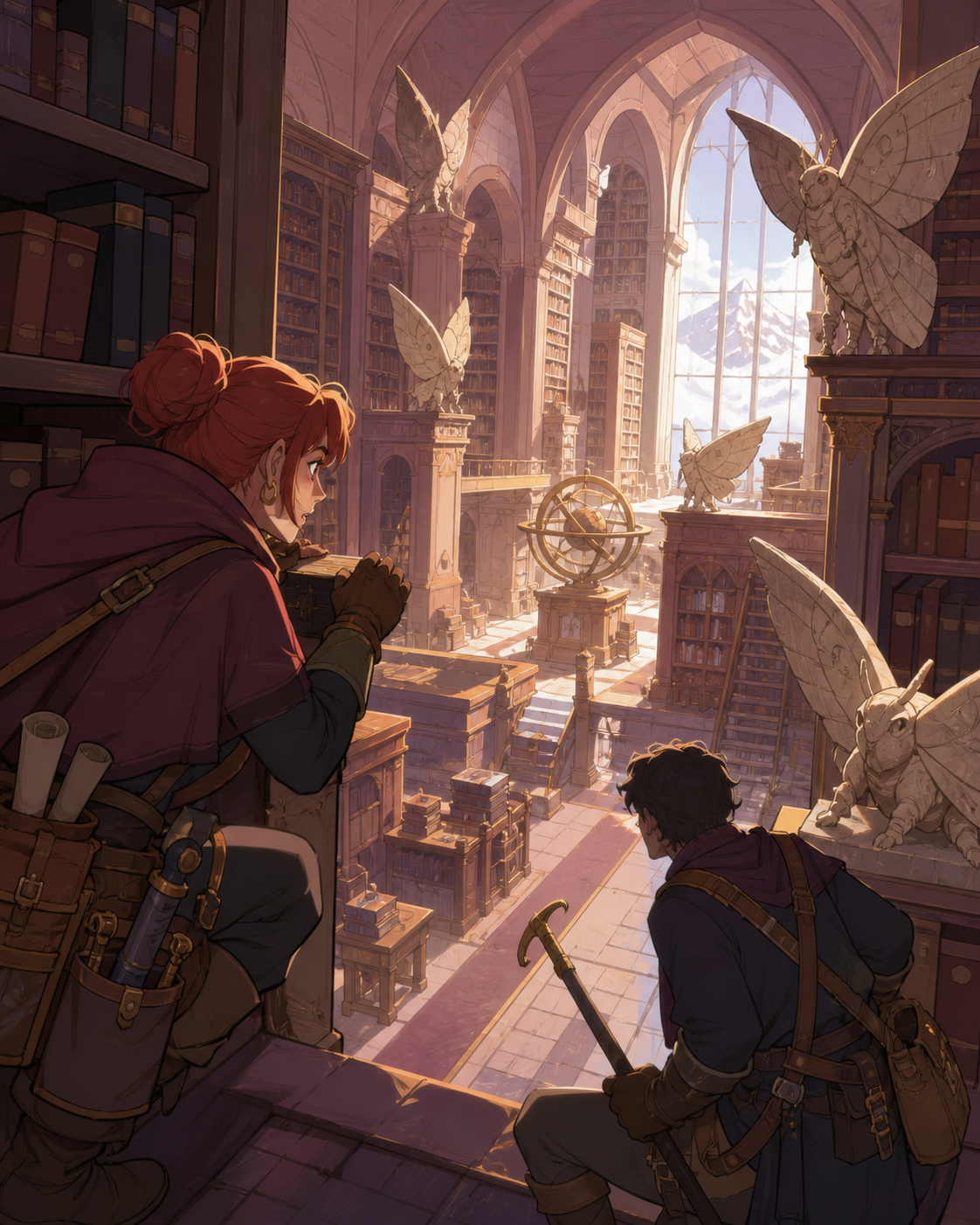 Two treasure hunters navigating a library patrolled by stone moths, between major dangers during a practical human-scale task. Over-the-shoulder discovery frame revealing a large navigable space. Muted rose, parchment, m