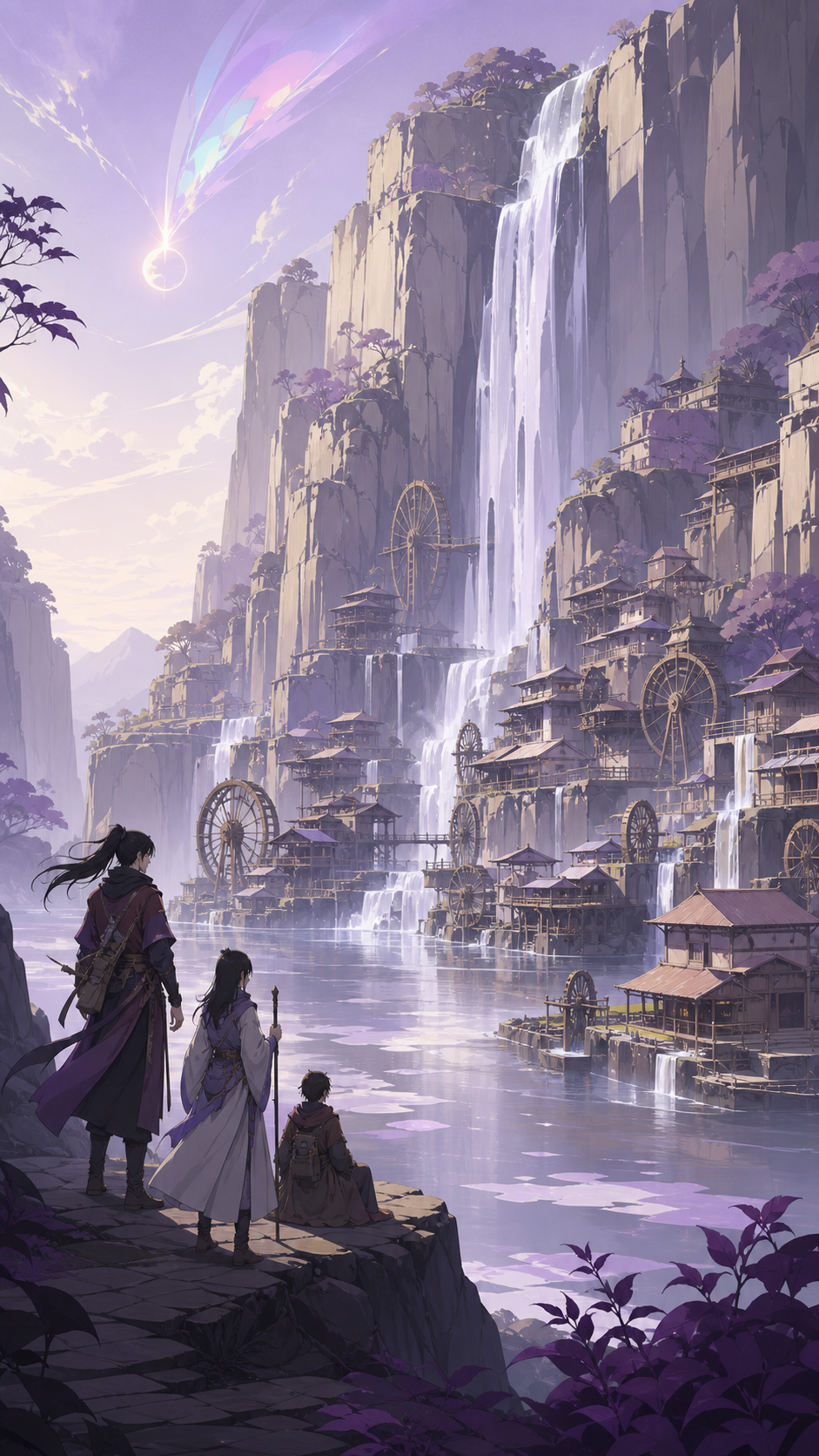 A mountain village built around waterwheels of many sizes, at the moment the travelers first see the place they sought. Epic wide landscape with the waterfall forming a strong vertical anchor. Mulberry, tea brown, tarnis
