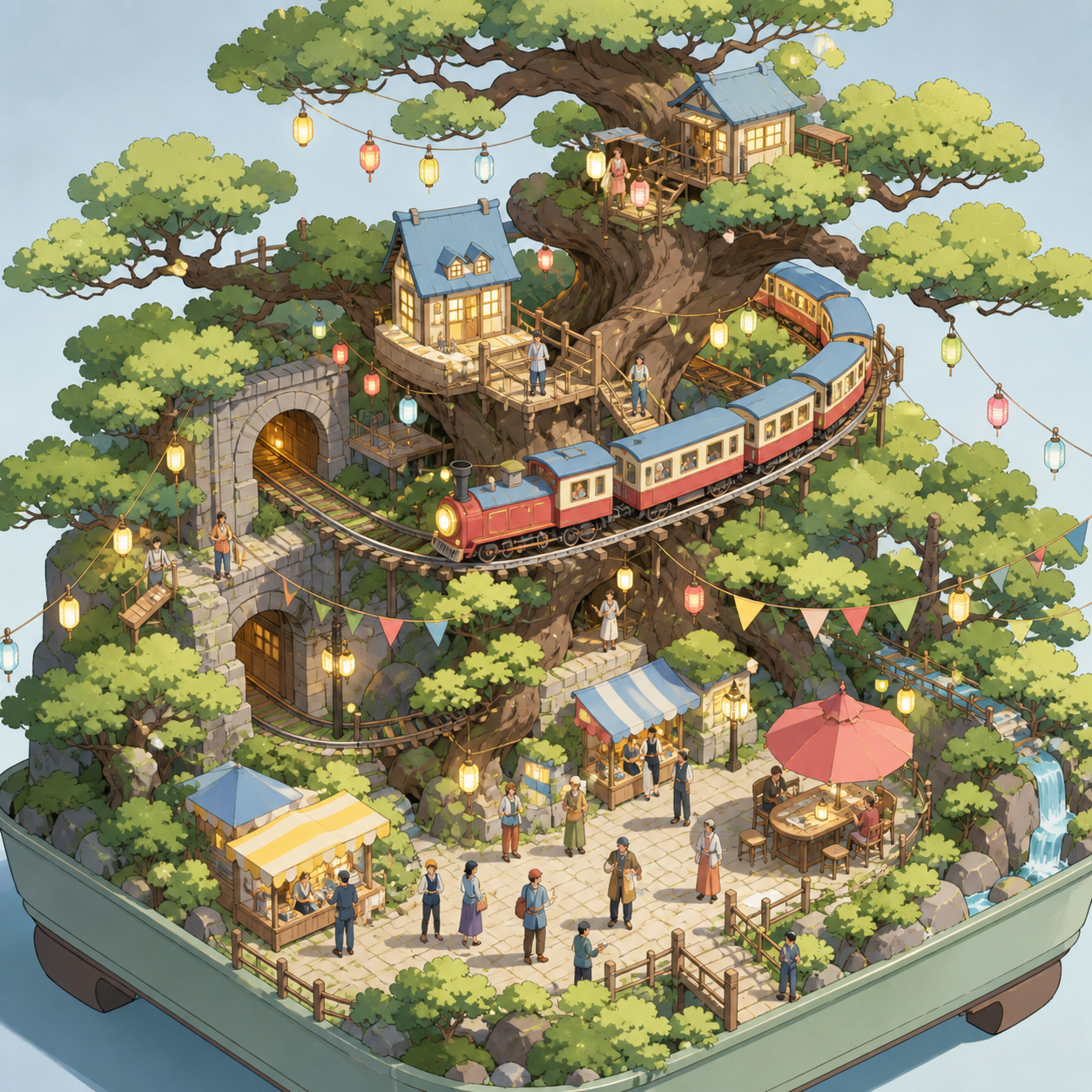 An alpine railway winding through the branches of an ancient bonsai, during a miniature festival full of delicate points of light. Isometric-like miniature vista with multiple readable zones of activity. Soft pistachio, 