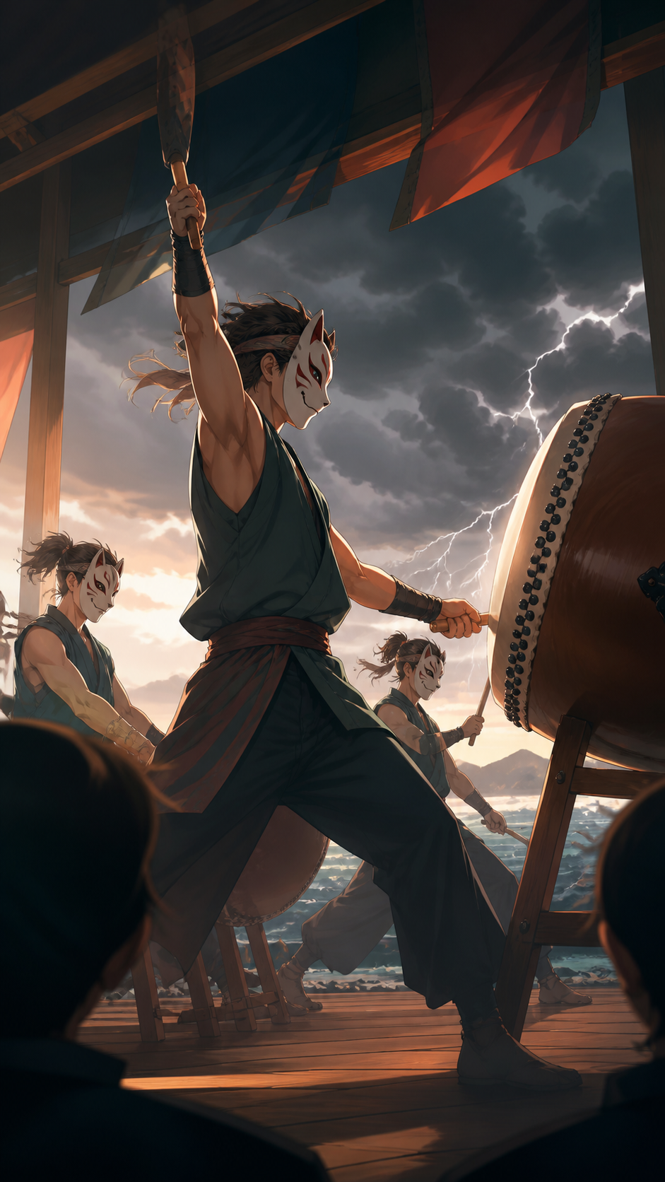 A masked taiko ensemble performing before an approaching summer storm, captured at the emotional peak of the performance. Intimate low-angle concert view with dramatic foreground silhouettes. Sea-glass green, faded coral