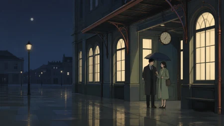 Two adult rivals sharing an umbrella after missing the last train, captured through a small gesture rather than an exaggerated embrace. Observational long shot where one small gest