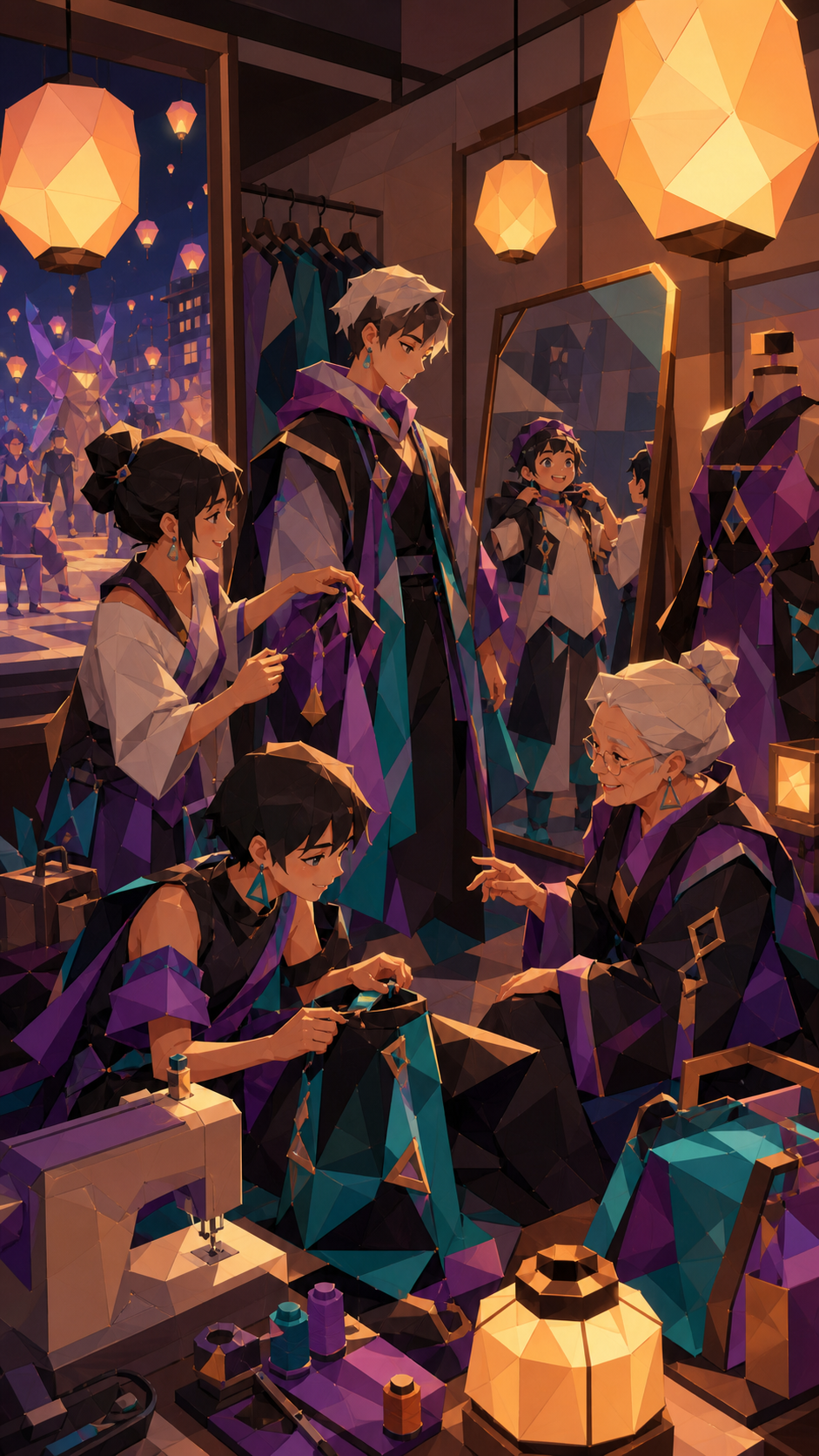 Friends styling modular clothing before a night parade, as several generations exchange style ideas. Candid studio view showing design process and finished clothing together. Apricot, orchid purple, pool turquoise, and d