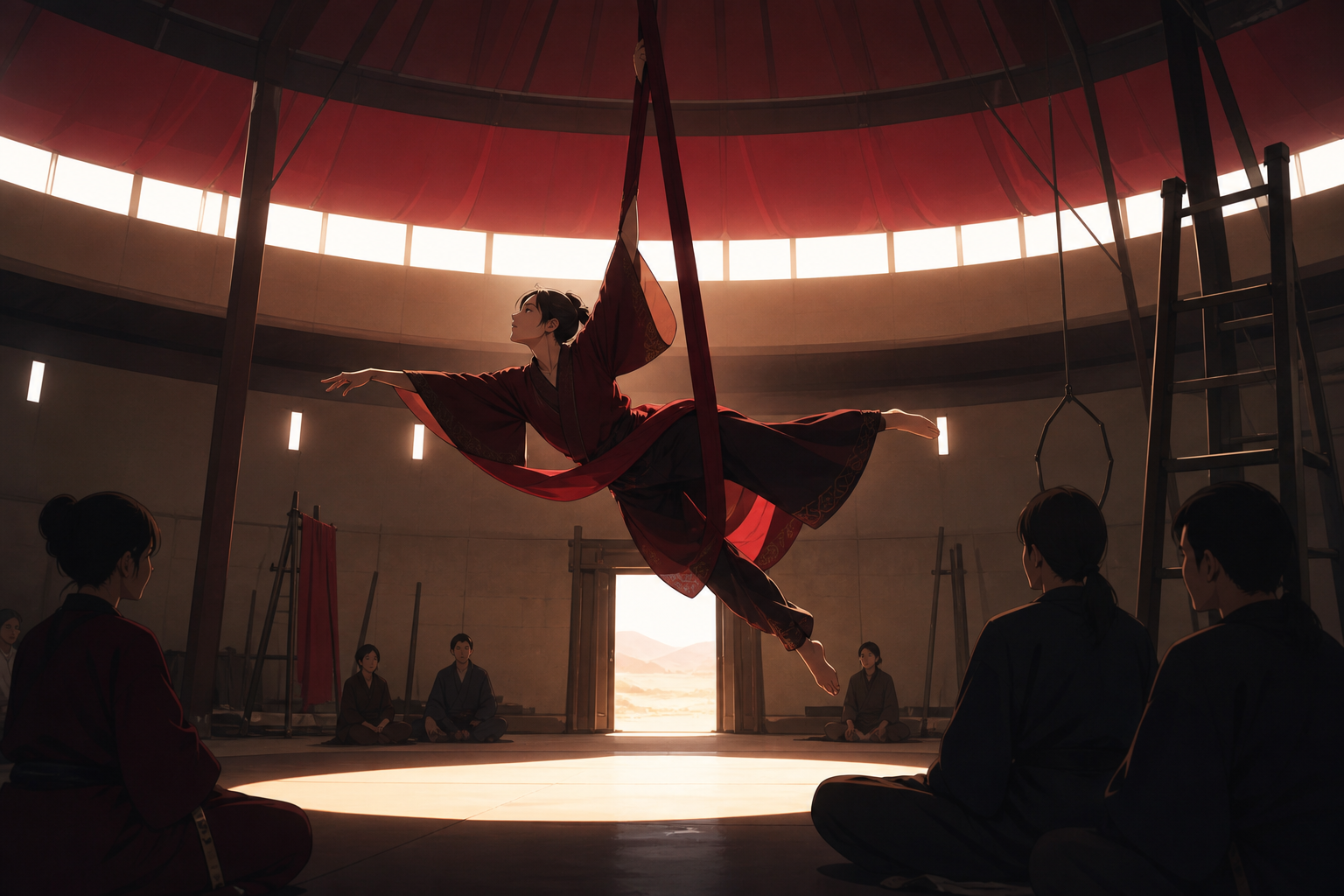 An acrobat performing above a quiet audience in a circular desert pavilion, during rehearsal with visible stagecraft adding to the charm. Close audience-level frame with one dancer crossing a strong pool of light. Crimso