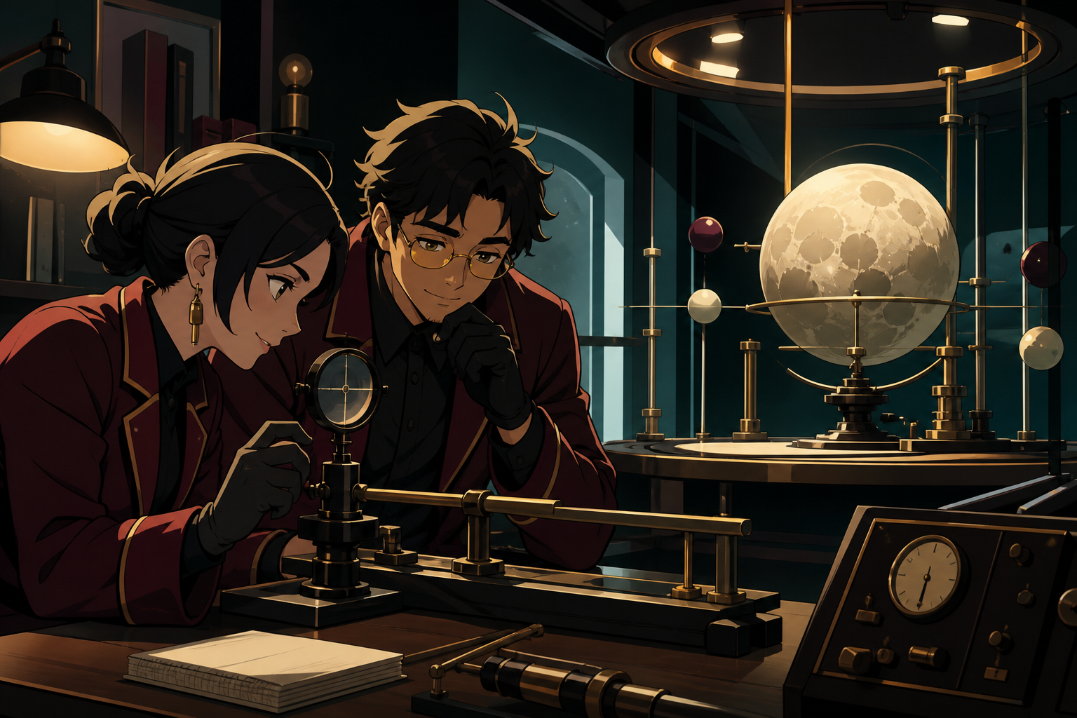 A quiet laboratory growing artificial moons for navigation experiments, during a focused test with one clearly measurable outcome. Close collaborative workbench scene with the result visible behind. Burgundy, midnight gr