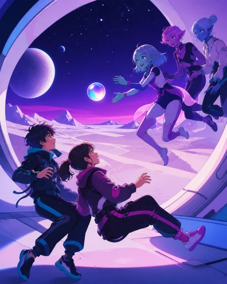 Human exchange students learning a zero-gravity playground game, during a relatable ordinary problem in an unfamiliar society. Intimate two-group exchange with the unusual environm
