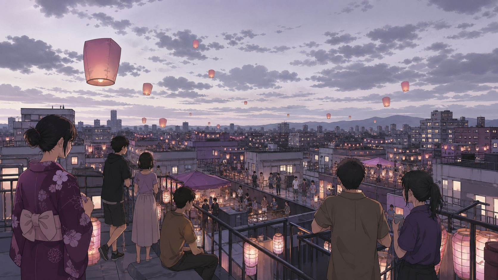 A rooftop fireworks celebration spanning dozens of connected buildings, during the final hour when decorations begin drifting into the sky. Immersive crowd-level panorama with clear focal lighting. Mulberry, tea brown, t