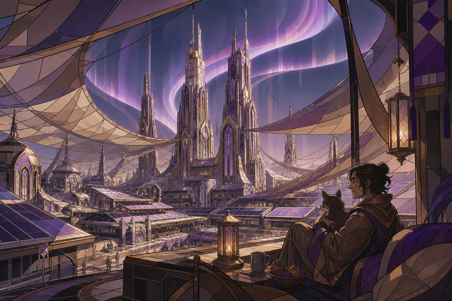 A solar-powered desert city shaded by kilometer-wide silk canopies, as a rare aurora bends around the tallest structures. Grand city panorama balanced by one intimate foreground detail. Mulberry, tea brown, tarnished sil