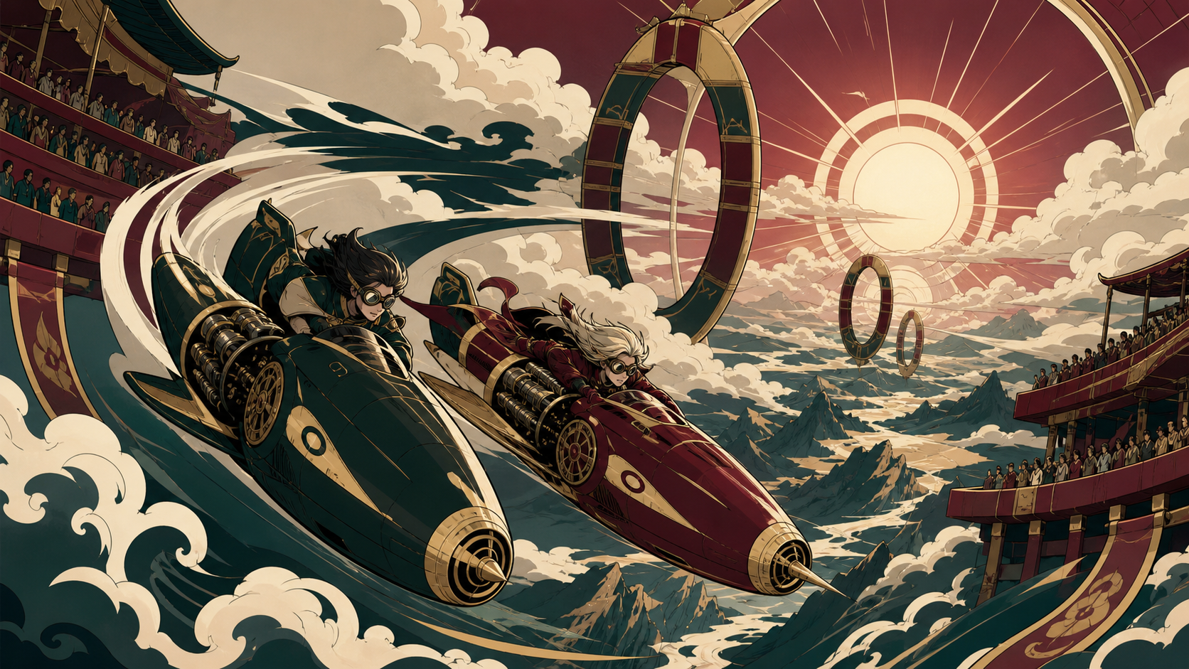 Two rivals sharing the lead as their engines begin to fail, at sunrise before a vast crowd gathered on suspended terraces. Sweeping aerial panorama with racers forming a strong arc. Burgundy, midnight green, bone white, 