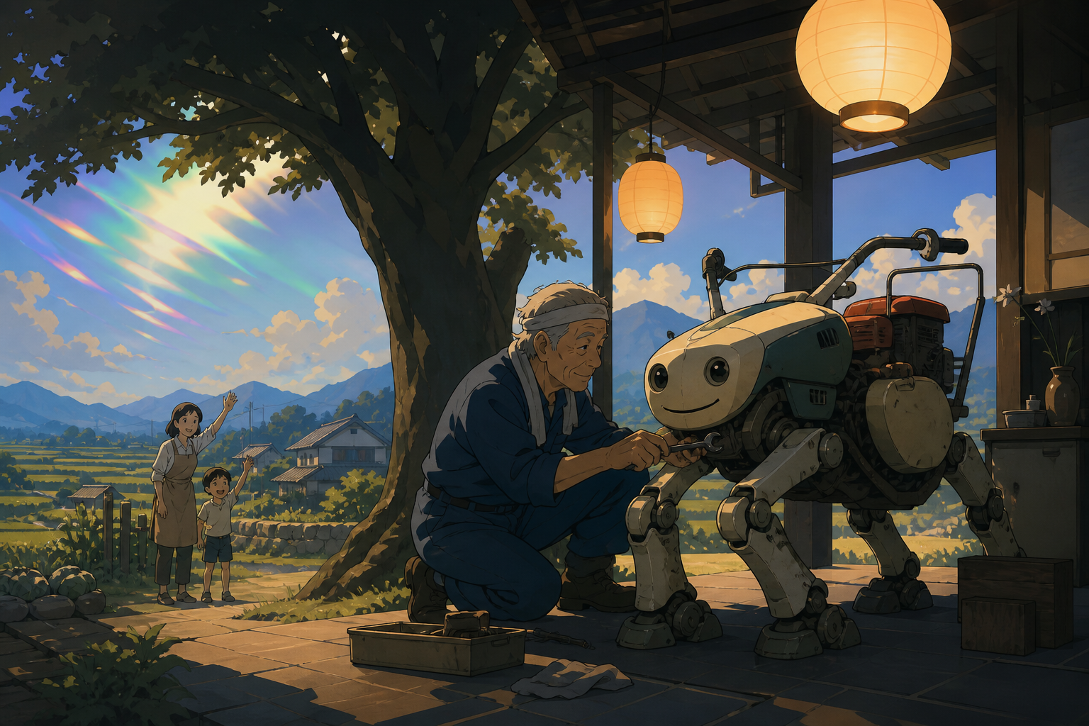 An elderly mechanic repairing a friendly walking farm machine, during a breezy afternoon filled with ordinary countryside activity. Warm eye-level narrative frame balanced by a monumental tree. Monochrome graphite with s