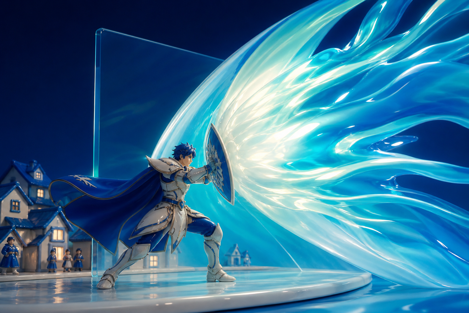 An armored guardian redirecting a river of living light away from a village, during a high-stakes task centered on protection rather than destruction. Dynamic low-angle view preserving clear silhouettes. Ultramarine, bio