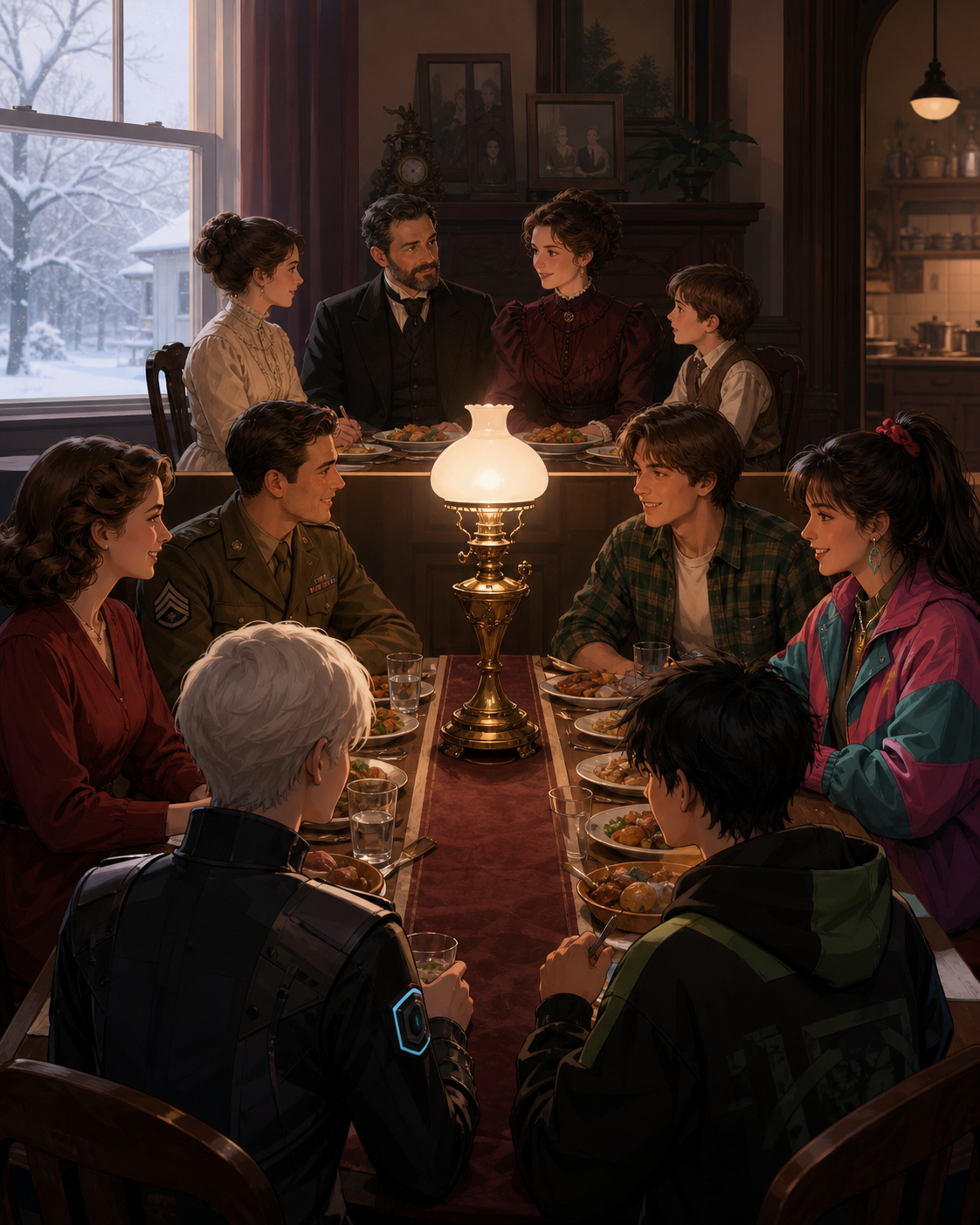 A family dinner where every person arrives from a different year, as one ordinary object remains unchanged across every era. Wide continuous scene divided naturally into several eras. Burgundy, midnight green, bone white