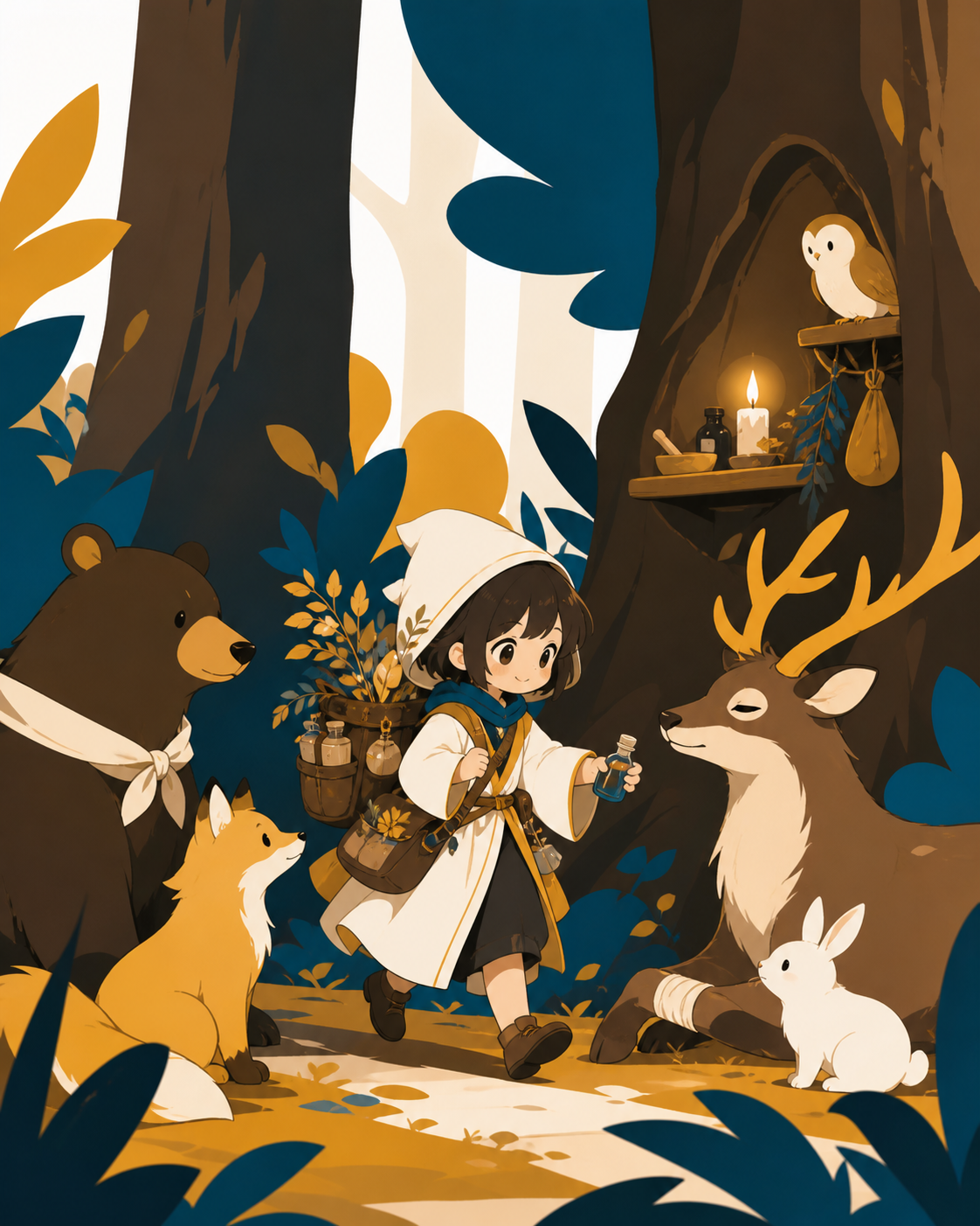 A chibi herbalist running a clinic for woodland creatures, on a gentle journey through large simplified woodland forms. Eye-level storybook frame centered on the unlikely friendship. Saffron, peacock blue, dark umber, an