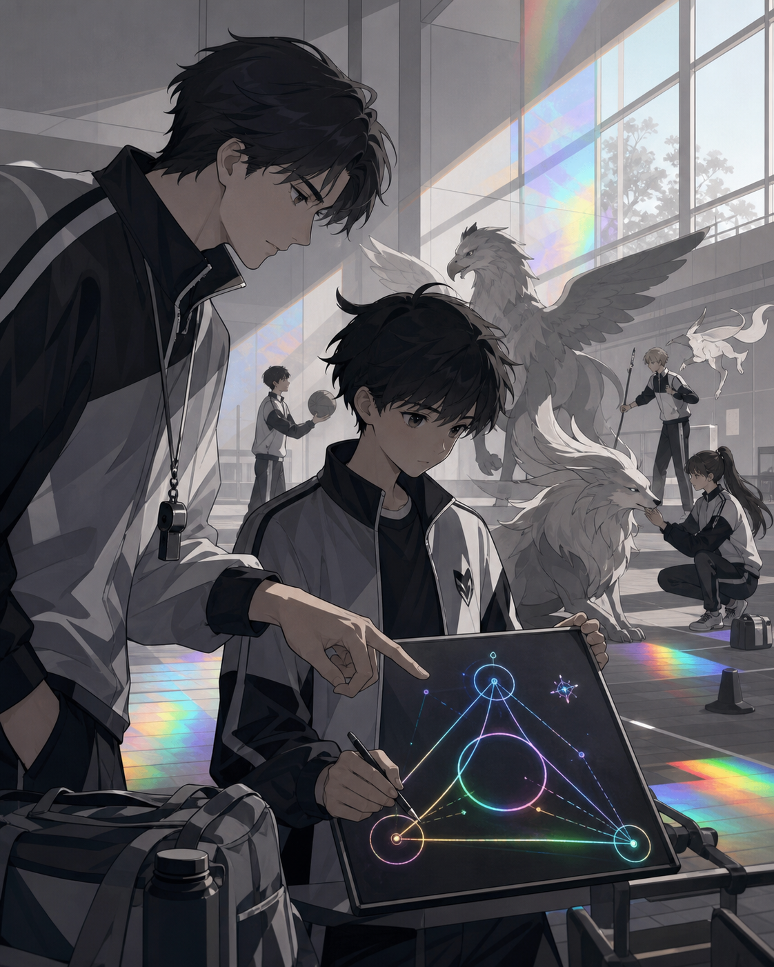 The school sports team training alongside friendly mythic creatures, during a cooperative exam that rewards kindness and creativity. Intimate teacher-student frame with the magical problem visible. Monochrome graphite wi