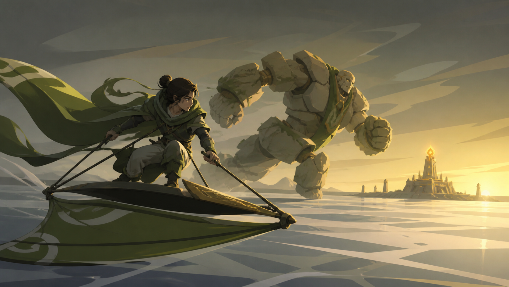 An adult wind rider racing a sand golem across an open salt plain, during a high-stakes task centered on protection rather than destruction. Wide action frame with a single unmistakable movement direction. Moss green, sl