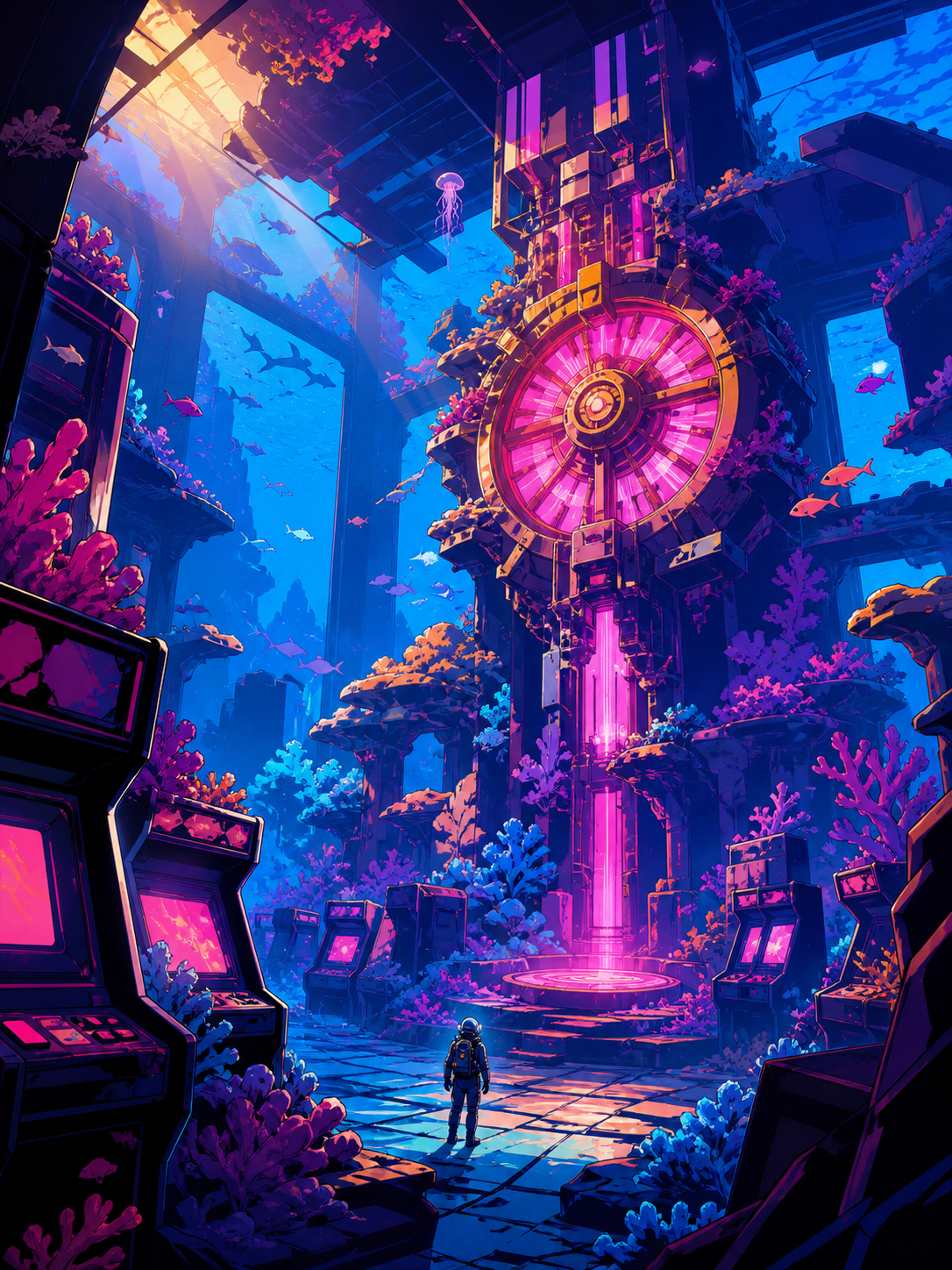 An abandoned underwater arcade slowly becoming a coral reef, seen in peaceful stillness after an ancient mechanism restarts. Vertical descent composition with a tiny explorer providing scale. Saturated magenta, electric 