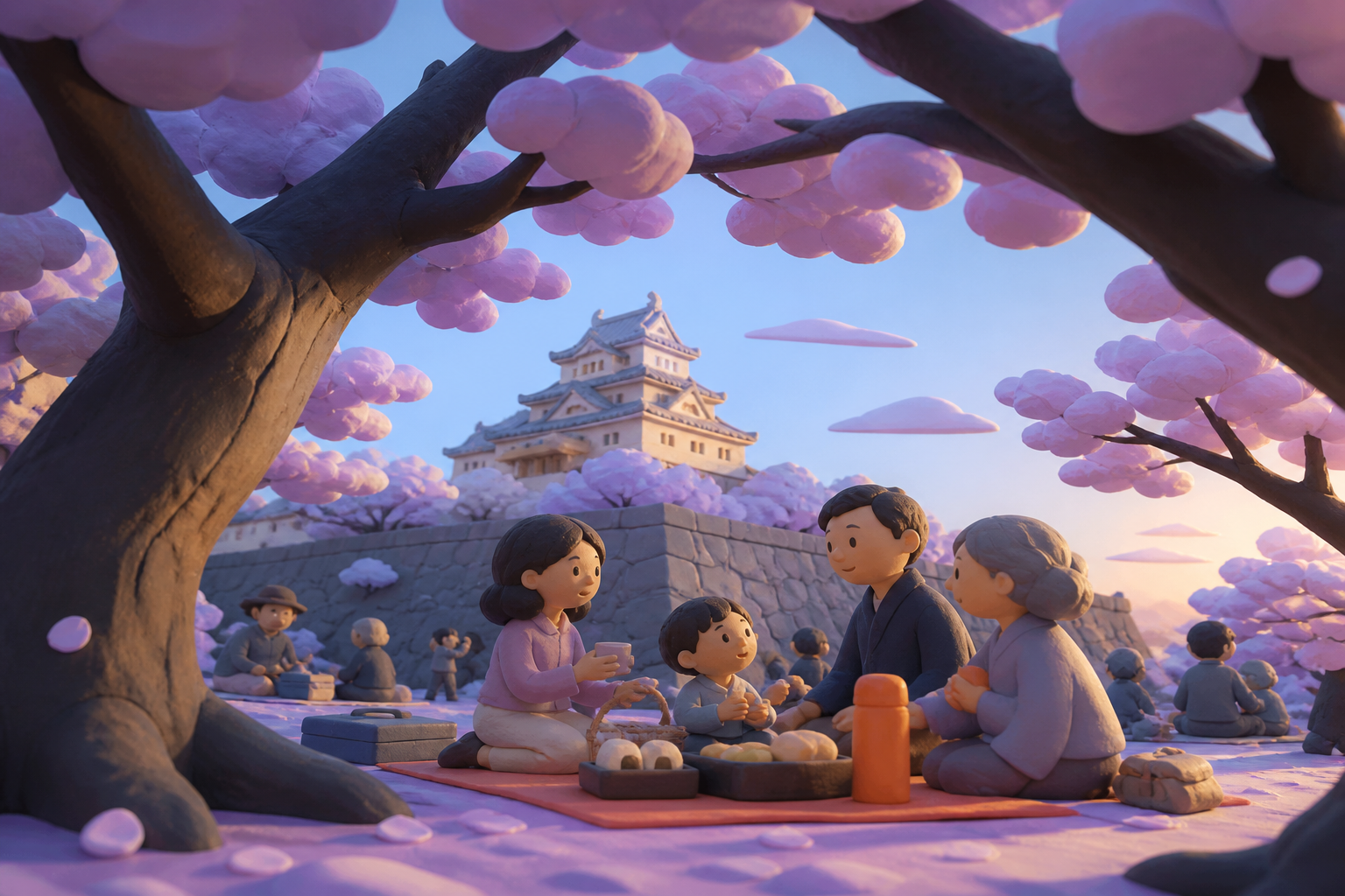 Families picnicking beneath broad spring blossom canopies, with the season communicated through broad clean shapes rather than fine detail. Low upward view using branches to frame people and architecture. Pale lavender, 